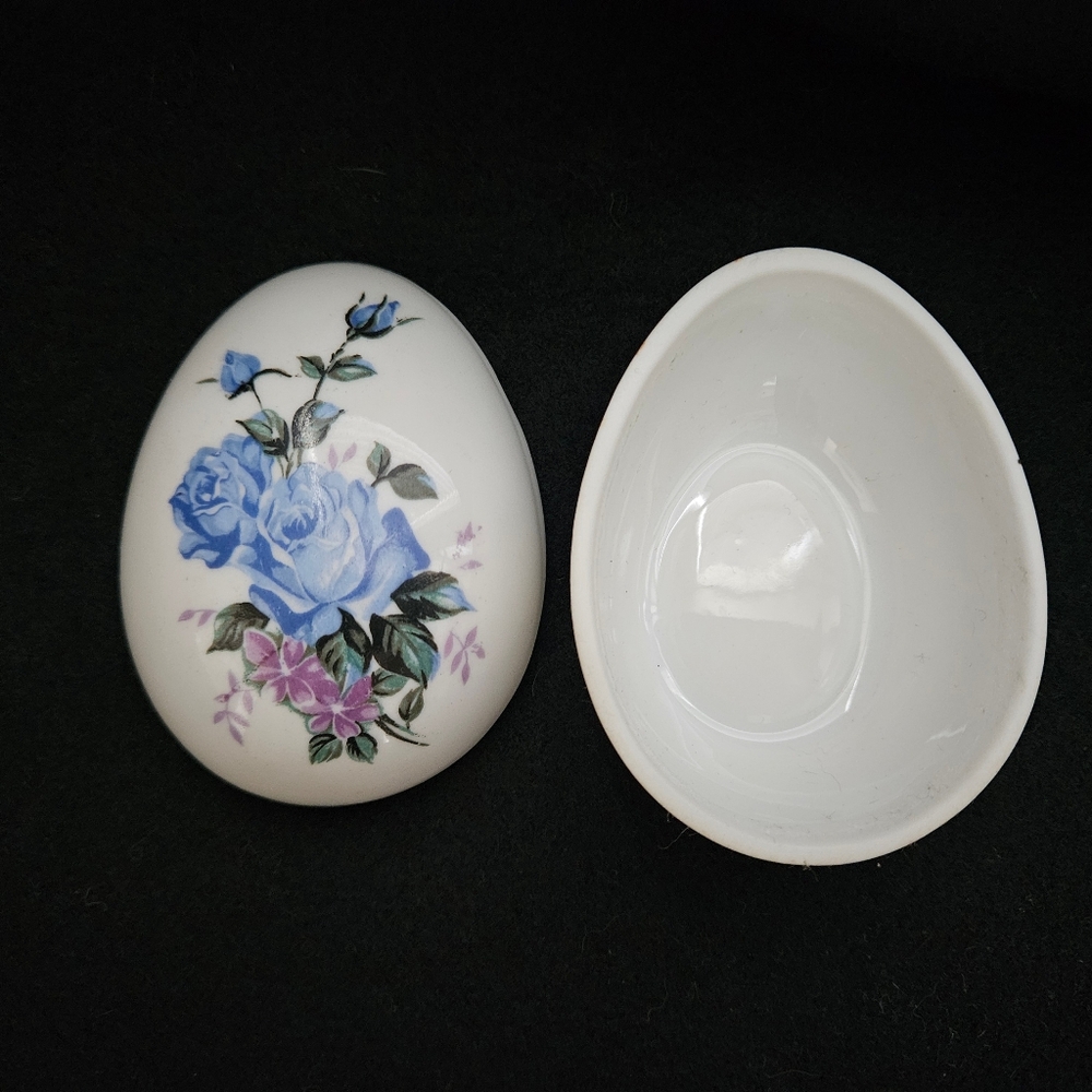 Vintage Porcelain Trinket Box Egg Shaped Hand Painted Jewelry Dish